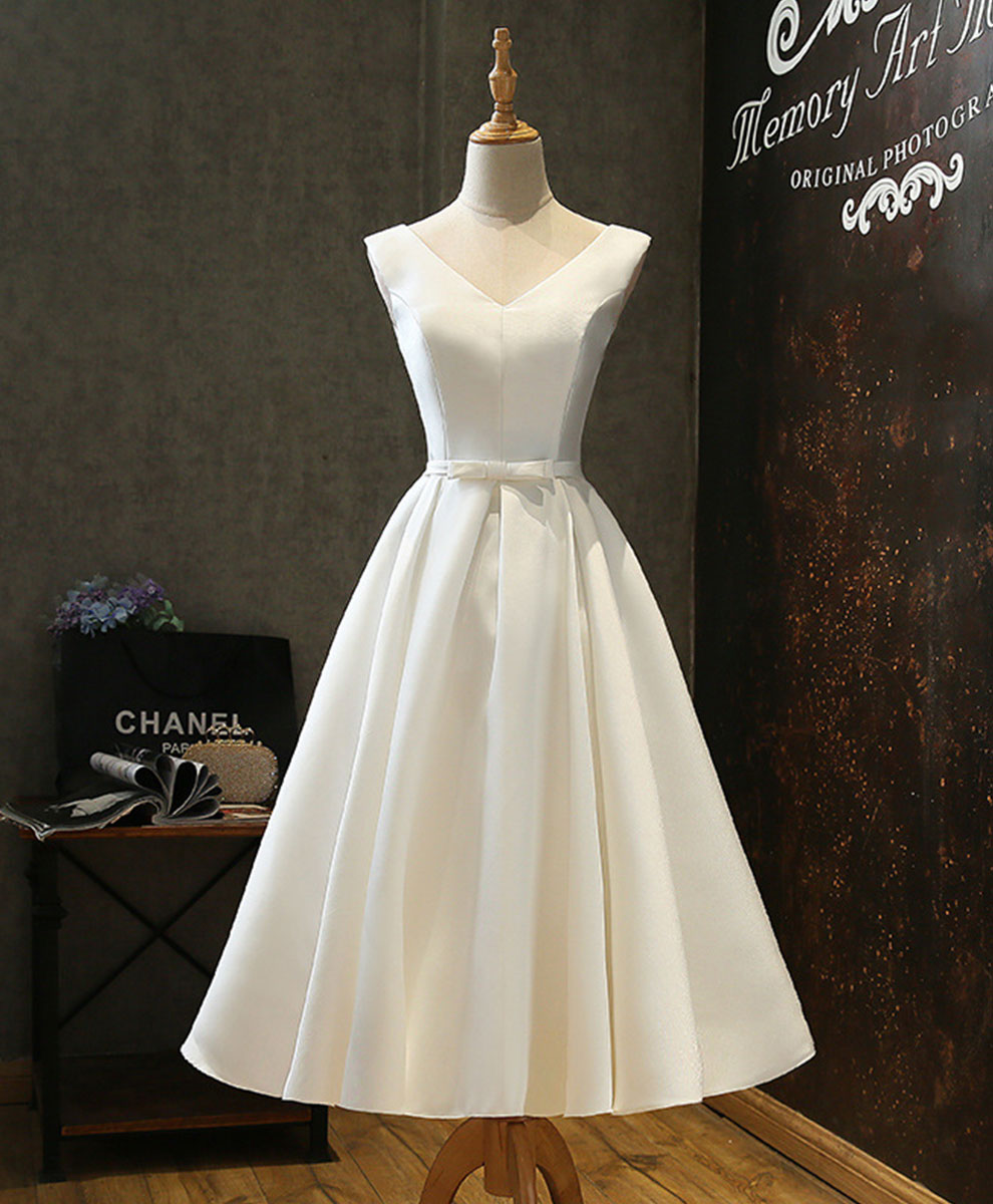 A-Line White V-Neck Tea-Length Satin Prom Dress with Clean Pleated Skirt
