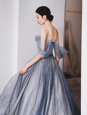 A-Line Dusty Blue Sweetheart Floor-Length Tulle Prom Dress with Sequin Shimmer