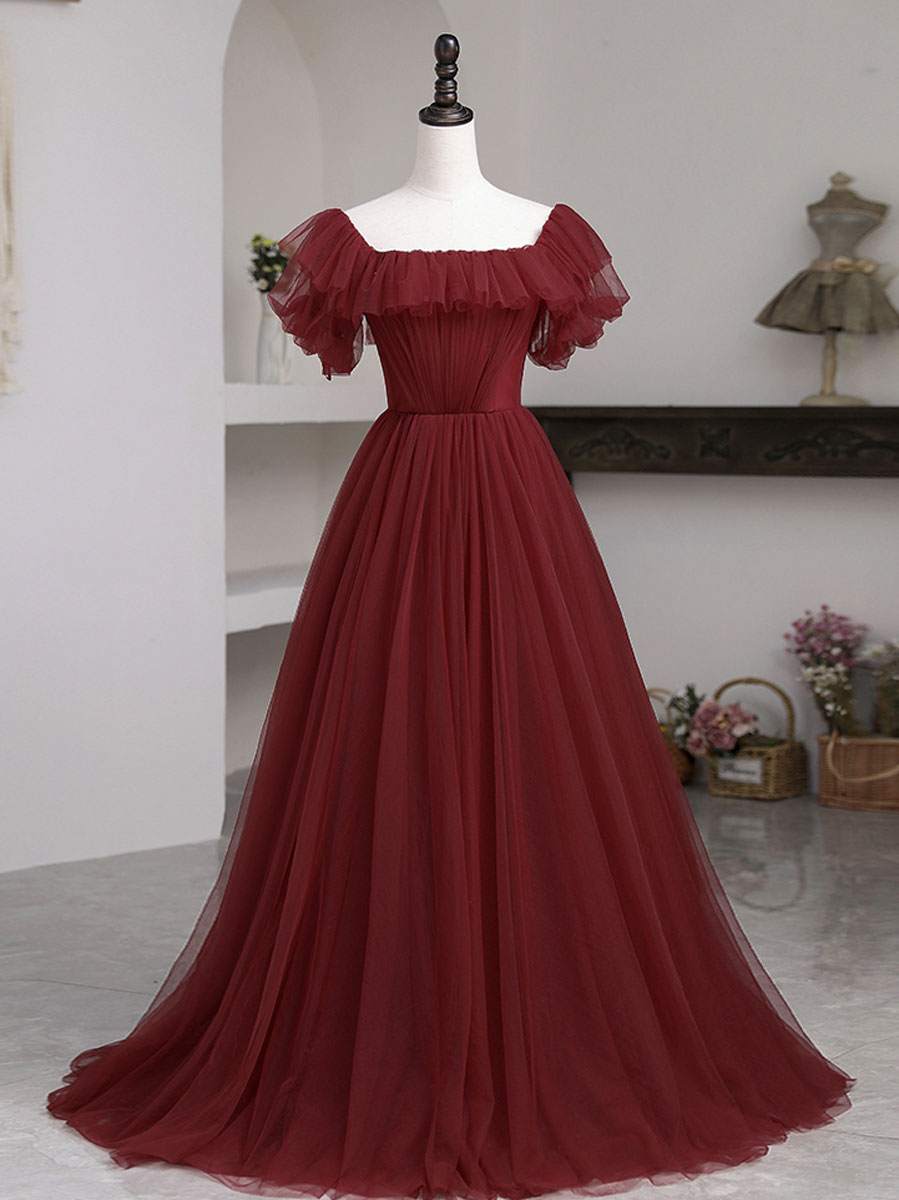 A-Line Off-the-Shoulder Floor-Length Tulle Ruffled Bodice Burgundy Prom Dress