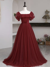 A-Line Off-the-Shoulder Floor-Length Tulle Ruffled Bodice Burgundy Prom Dress