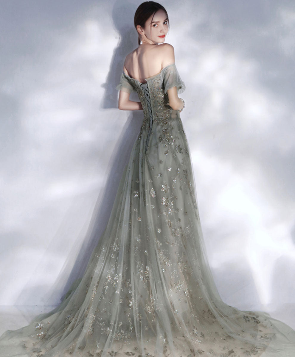 A-Line Smoke Gray Off-the-Shoulder Sweetheart Floor-Length Tulle Sequin Lace Prom Dress with Soft Tulle Sleeves