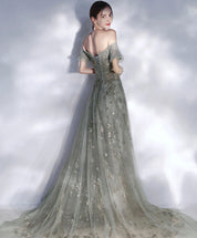 A-Line Smoke Gray Off-the-Shoulder Sweetheart Floor-Length Tulle Sequin Lace Prom Dress with Soft Tulle Sleeves