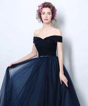 A-Line Off-the-Shoulder Floor-Length Navy Tulle Prom Dress