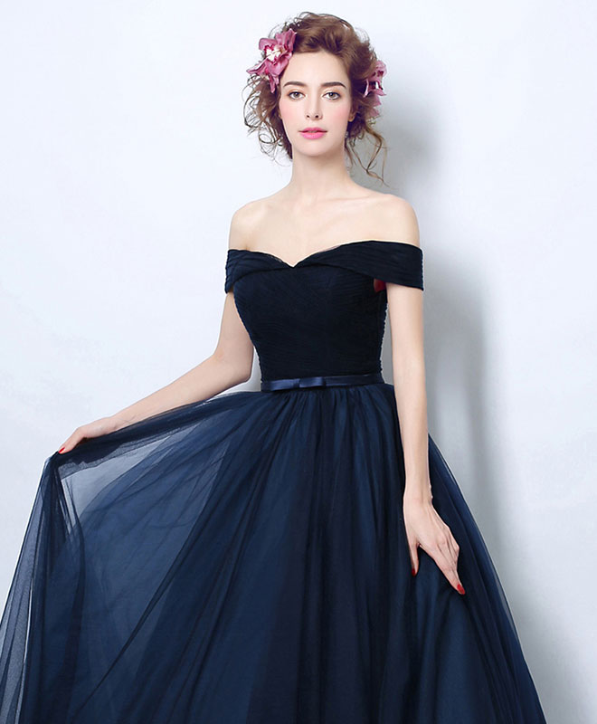 A-Line Off-the-Shoulder Floor-Length Navy Tulle Prom Dress