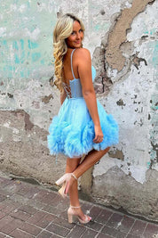 A-Line Sweetheart Short/Mini Pink Tulle Homecoming Dress with Corset Bodice and Ruffled Skirt