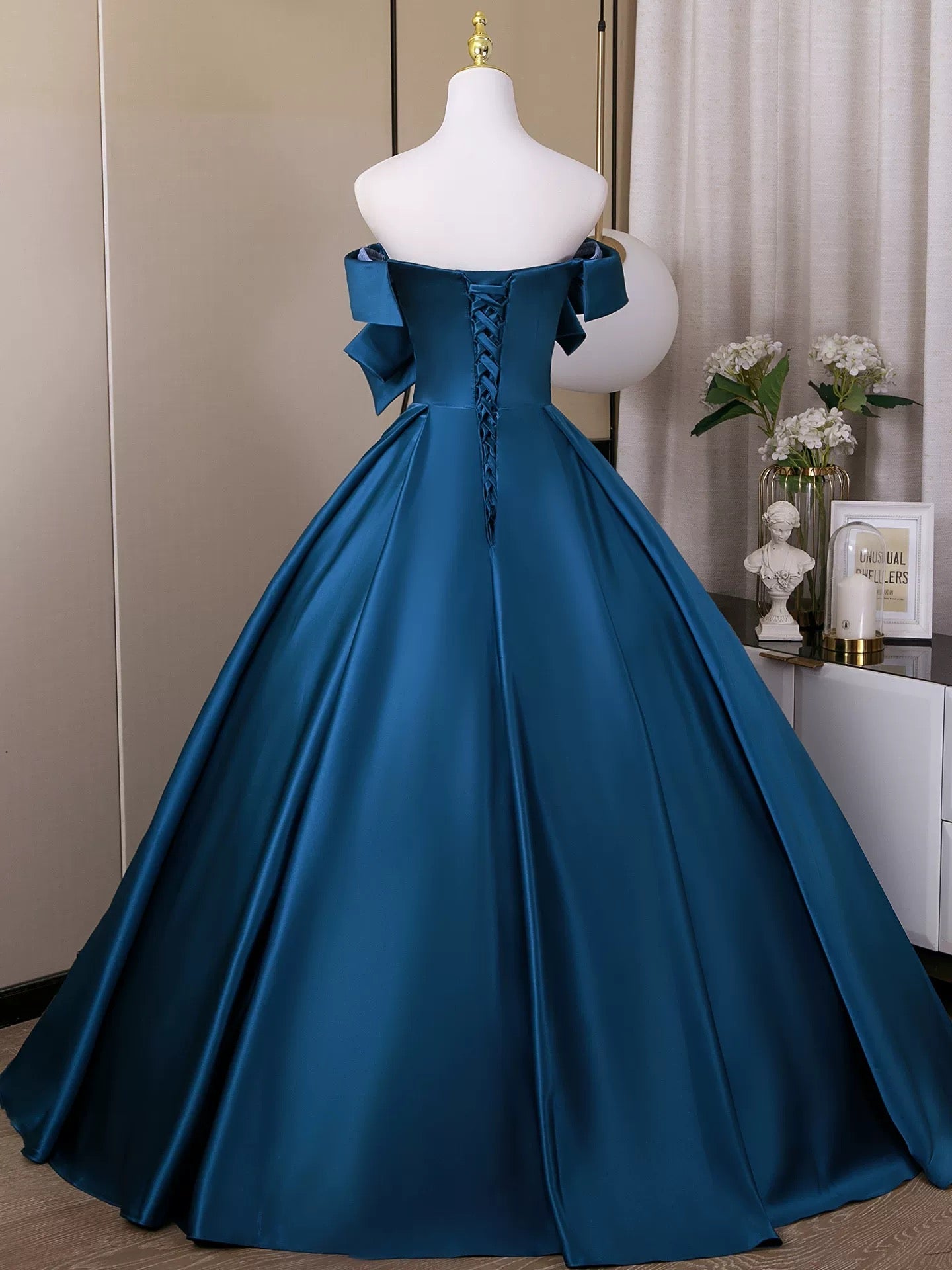 A-Line Satin Blue Long Prom Dress with Elegant Flowing Skirt