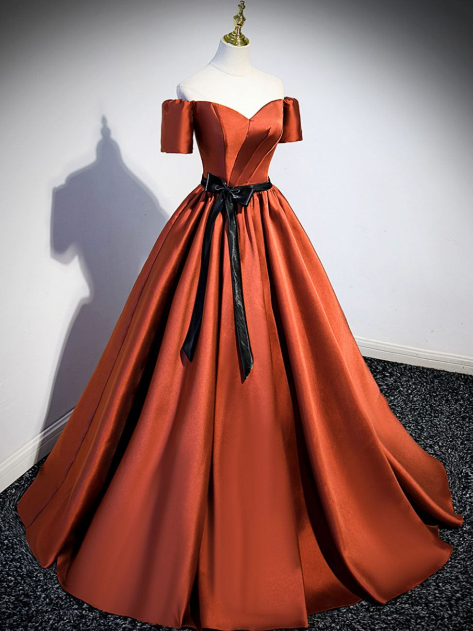 A-Line Off-the-Shoulder Floor-Length Burnt Orange Satin Prom Dress with Contrast Bow Sash