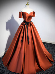 A-Line Off-the-Shoulder Floor-Length Burnt Orange Satin Prom Dress with Contrast Bow Sash
