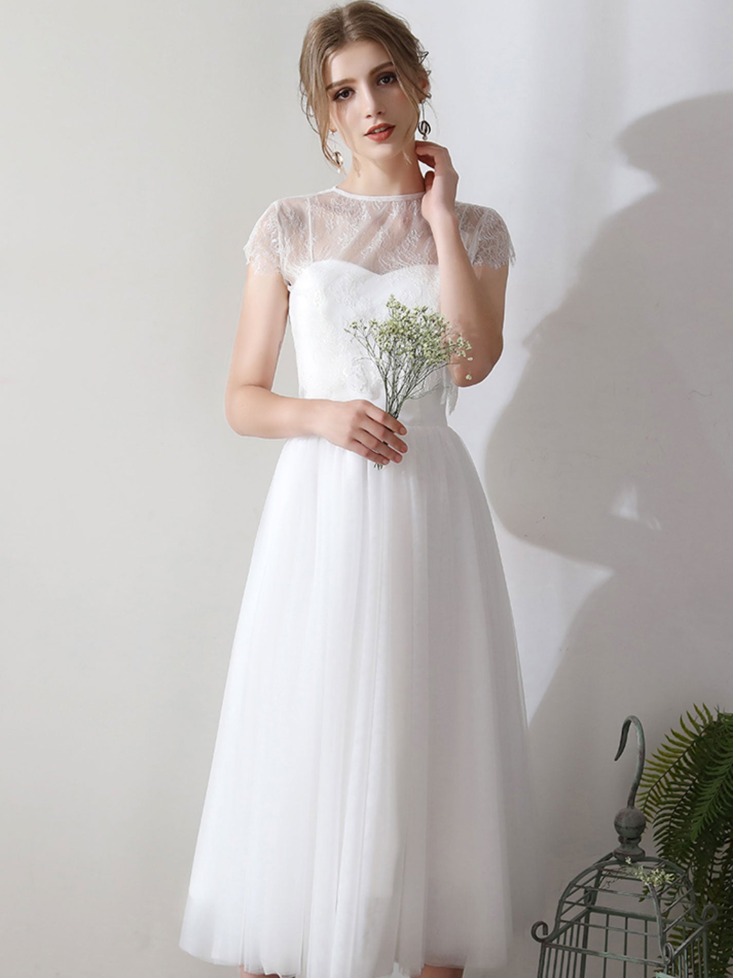 White A-Line Illusion Neck Tea-Length Tulle Prom Dress with Delicate Lace Overlay