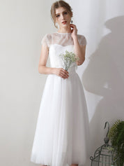 White A-Line Illusion Neck Tea-Length Tulle Prom Dress with Delicate Lace Overlay
