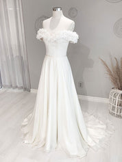 Ivory A-Line Off-the-Shoulder Floor-Length Tulle Prom Dress with 3D Floral Appliqué Neckline