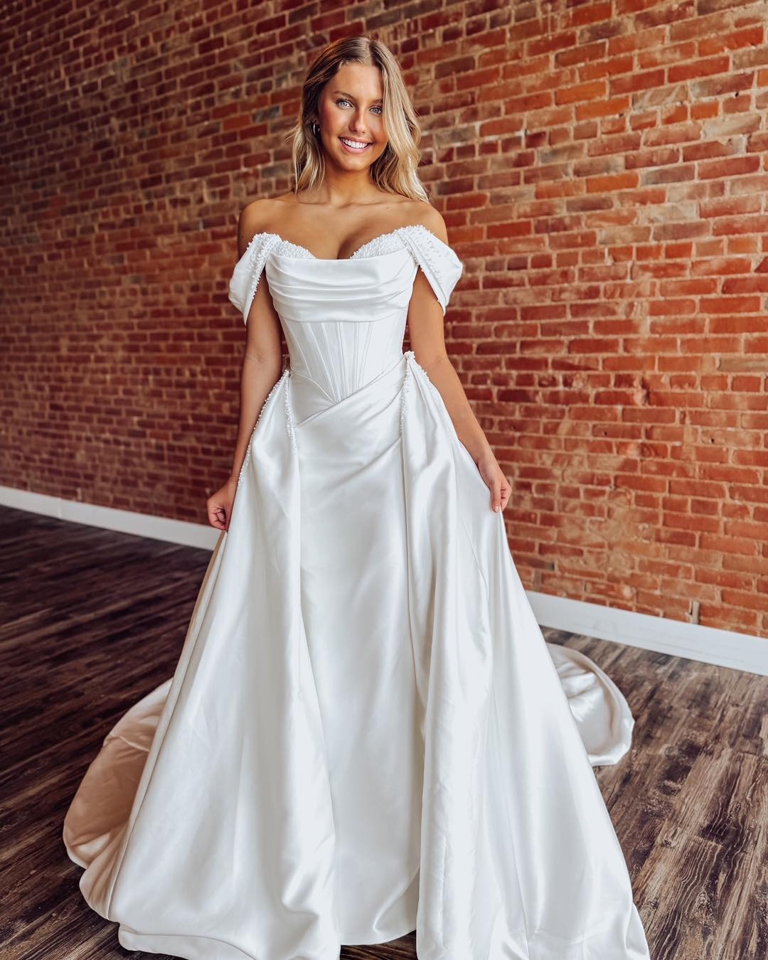 A-Line Off-the-Shoulder Floor-Length Satin Wedding Dress with Corset Bodice