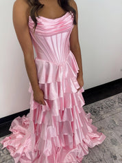 A-Line Draped Neck Floor-Length Satin Pink Tiered Ruffle Prom Dress with Corset Bodice