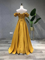 A-Line Off-the-Shoulder Floor-Length Mustard Satin Ruffled Sleeve Prom Dress