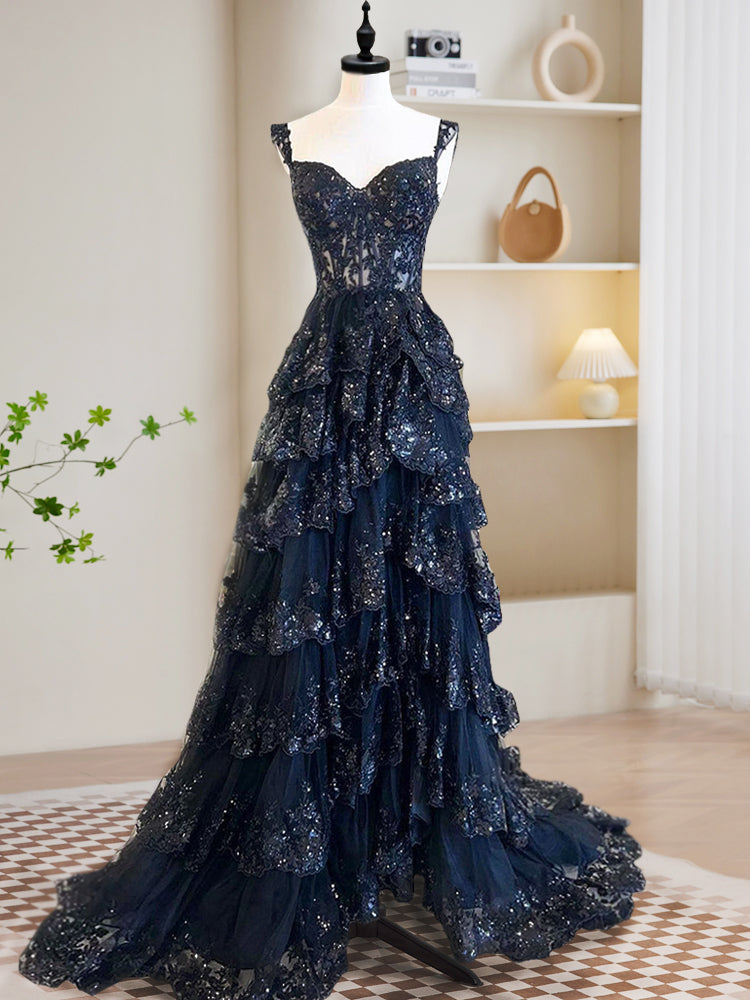 Navy Blue Ball Gown Sweetheart Floor-Length Tulle Prom Dress with Tiered Lace Appliqué