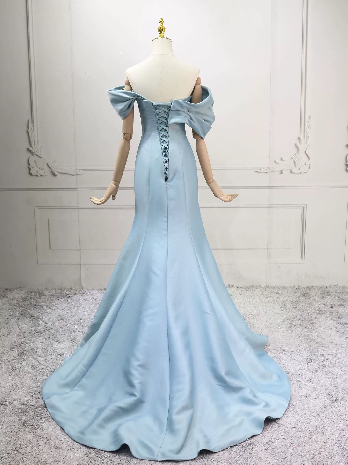 Off Shoulder Draped Satin Blue Long Prom Dress with Lace-Up Corset Back
