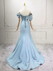 Off Shoulder Draped Satin Blue Long Prom Dress with Lace-Up Corset Back