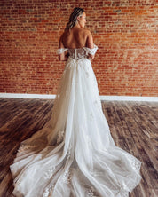 A-Line Off-the-Shoulder Floor-Length Tulle Wedding Dress with Floral Lace Appliqué and Slit