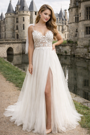 A Line V Neck Straps Tulle Split Wedding Dress/Bridal Gown with Lace