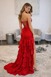 Mermaid Sweetheart Neck Floor-Length Red Satin Prom Dress with Beaded Bodice and Ruffled Slit