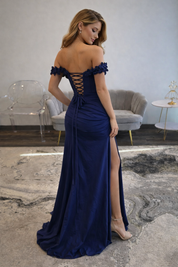Sheath Off-the-Shoulder Floor-Length Light Blue Satin Slit Prom Dress