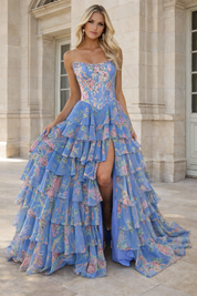 A-Line Strapless Sweetheart Floor-Length Chiffon Prom Dress with Floral Print Tiered Ruffles