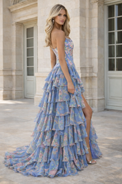 A-Line Strapless Sweetheart Floor-Length Chiffon Prom Dress with Floral Print Tiered Ruffles