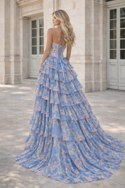 A-Line Strapless Sweetheart Floor-Length Chiffon Prom Dress with Floral Print Tiered Ruffles
