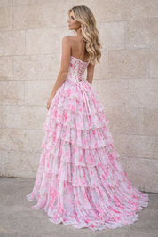 A-Line Strapless Sweetheart Floor-Length Chiffon Prom Dress with Patterned Floral Print and Tiered Ruffle Skirt