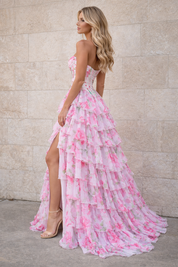 A-Line Strapless Sweetheart Floor-Length Chiffon Prom Dress with Patterned Floral Print and Tiered Ruffle Skirt