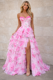 A-Line Strapless Sweetheart Floor-Length Chiffon Prom Dress with Patterned Floral Print and Tiered Ruffle Skirt