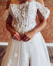 A-Line Off-the-Shoulder Floor-Length Tulle Wedding Dress with Floral Lace Appliqué and Slit