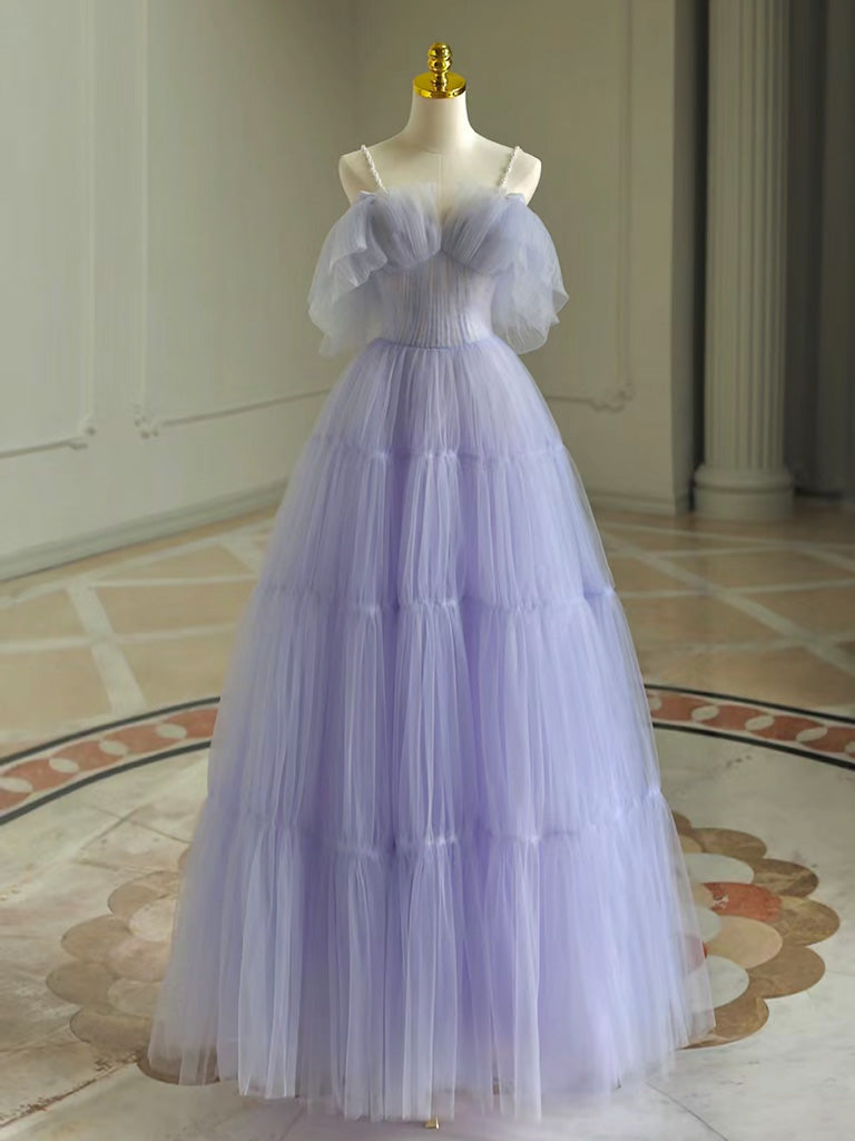 Lavender Ball Gown Sweetheart Floor-Length Tulle Prom Dress with Tiered Skirt