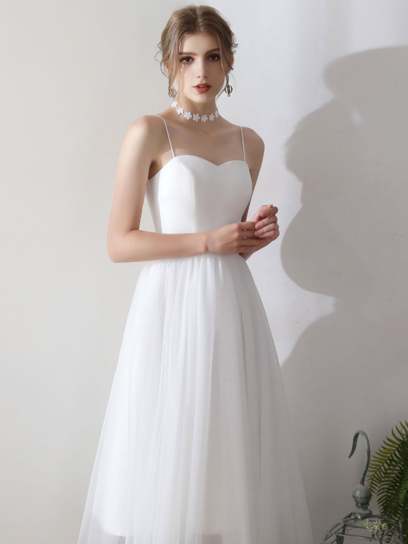 White A-Line Illusion Neck Tea-Length Tulle Prom Dress with Delicate Lace Overlay