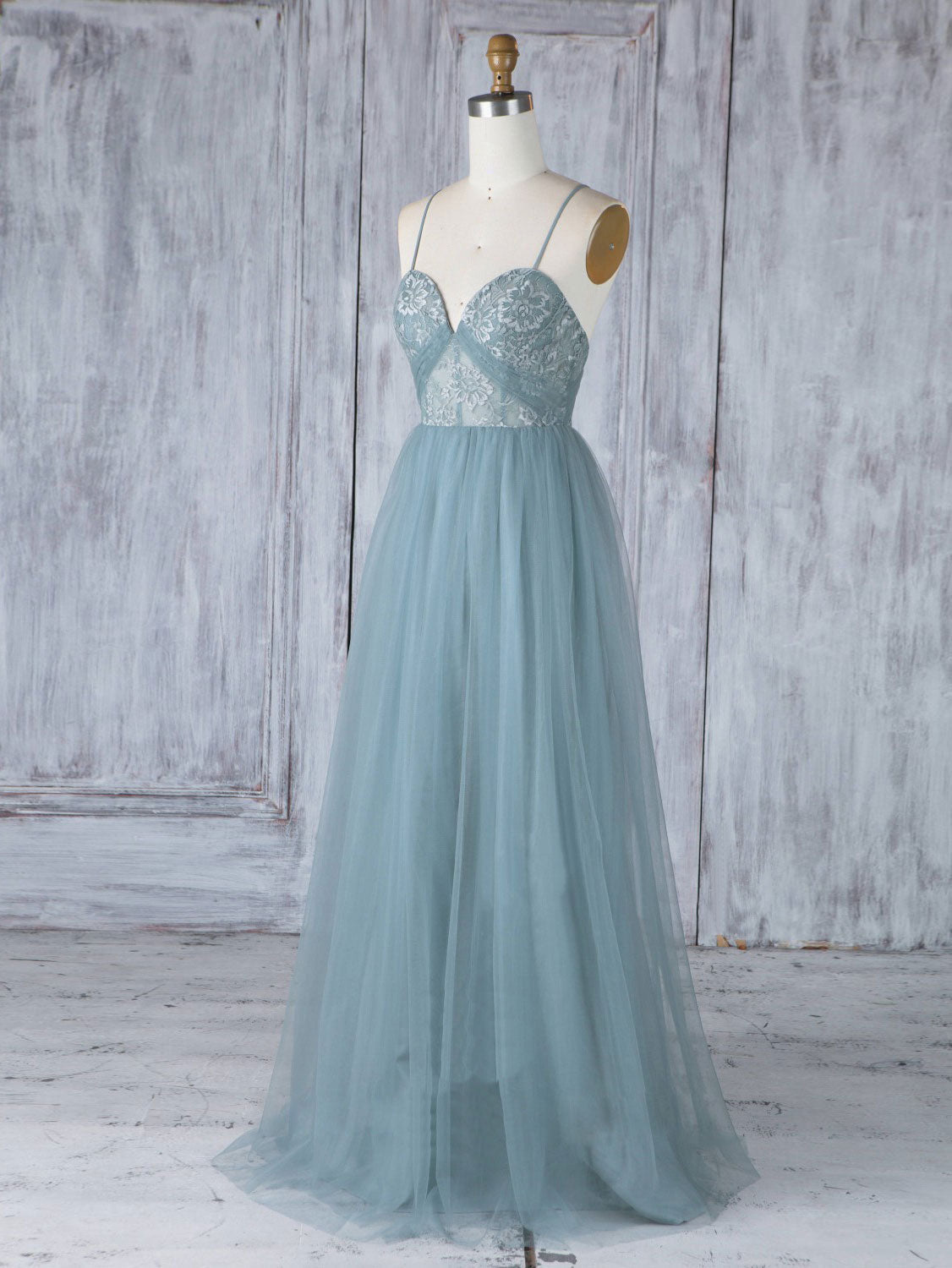 A-Line Dusty Blue Sweetheart Floor-Length Tulle Prom Dress with Lace Bodice