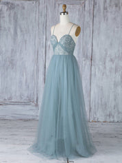 A-Line Dusty Blue Sweetheart Floor-Length Tulle Prom Dress with Lace Bodice