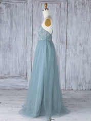 A-Line Dusty Blue Sweetheart Floor-Length Tulle Prom Dress with Lace Bodice
