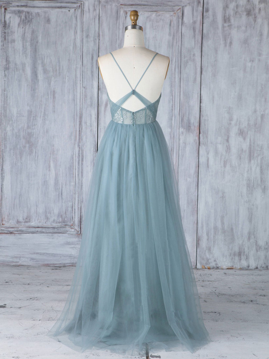 A-Line Dusty Blue Sweetheart Floor-Length Tulle Prom Dress with Lace Bodice