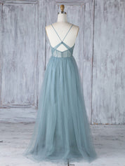 A-Line Dusty Blue Sweetheart Floor-Length Tulle Prom Dress with Lace Bodice