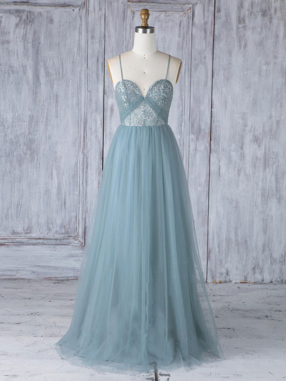 A-Line Dusty Blue Sweetheart Floor-Length Tulle Prom Dress with Lace Bodice