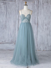 A-Line Dusty Blue Sweetheart Floor-Length Tulle Prom Dress with Lace Bodice