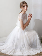 White A-Line Illusion Neck Tea-Length Tulle Prom Dress with Delicate Lace Overlay