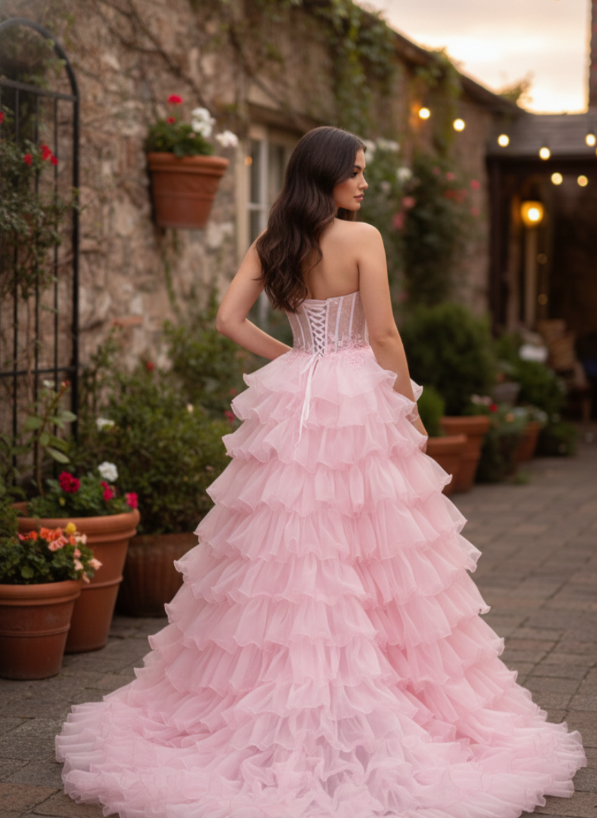 A-Line Sweetheart Floor-Length Tulle Pink Tiered Ruffle Prom Dress with Corset Bodice