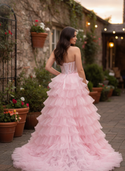 A-Line Sweetheart Floor-Length Tulle Pink Tiered Ruffle Prom Dress with Corset Bodice