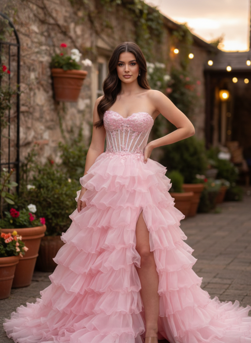 A-Line Sweetheart Floor-Length Tulle Pink Tiered Ruffle Prom Dress with Corset Bodice