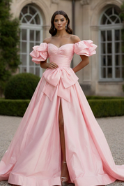 Ball Gown Off-the-Shoulder No Back Type Floor-Length Satin Prom Dress with Statement Bow and Puff Sleeves