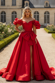 Ball Gown Off-the-Shoulder No Back Type Floor-Length Satin Prom Dress with Statement Bow and Puff Sleeves