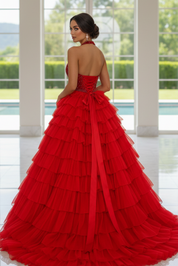 Ball Gown Halter Deep V Tulle Prom Dress with Beaded Bodice and Tiered Ruffle Skirt