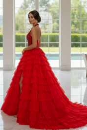 Ball Gown Halter Deep V Tulle Prom Dress with Beaded Bodice and Tiered Ruffle Skirt