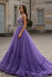 Ball Gown Halter Back Floor-Length Tulle Prom Dress with Sparkling Beaded Bodice and Tiered Ruffle Skirt